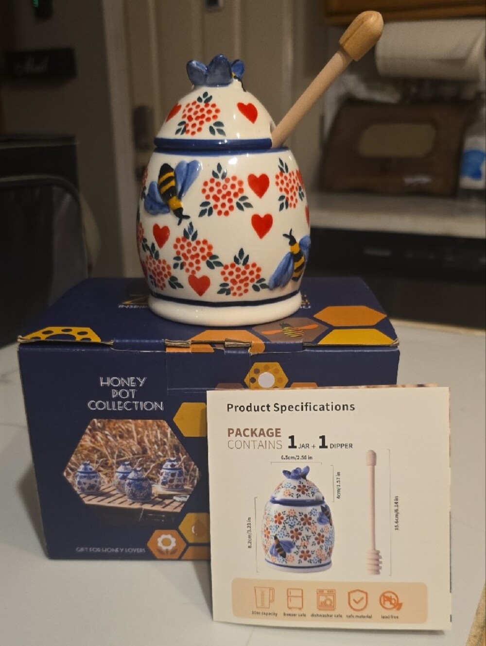 ZOOBEE NWT Ceramic Honey Jar with Blue Accents and Red Heart Motif With Bees